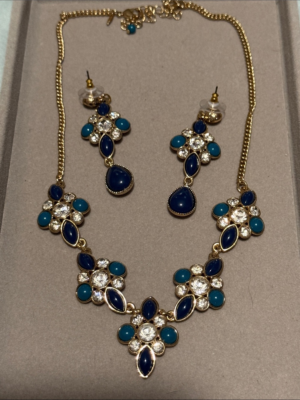 Avon Gold-Tone Necklace and Earrings with Navy and Teal Accents